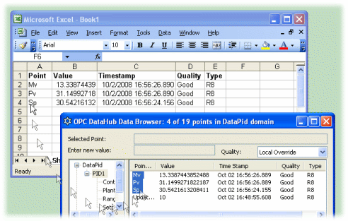 [Image: Drag and drop point value, timestamp, quality and type into Excel]